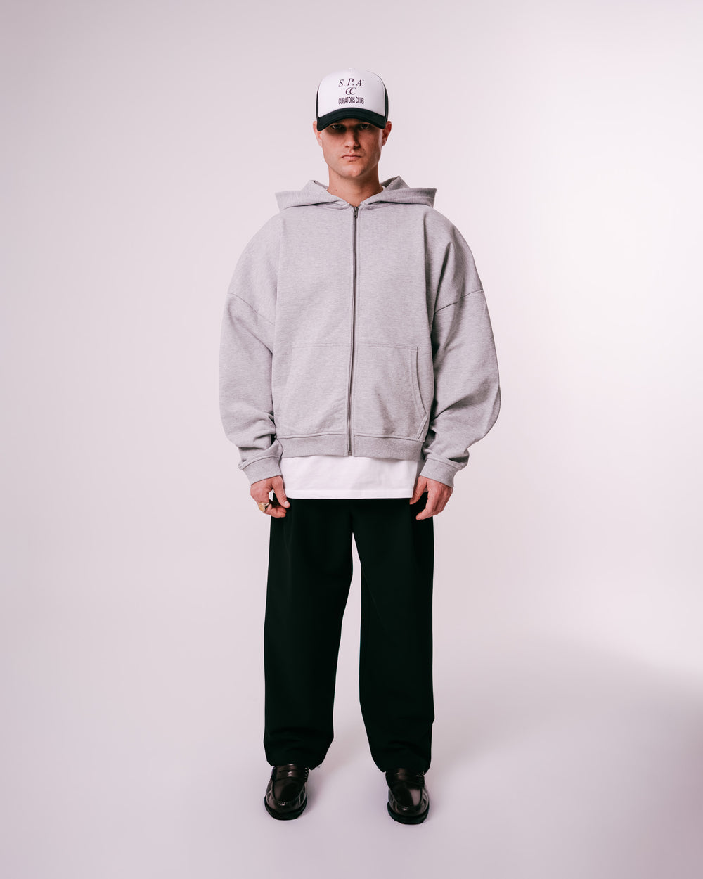 HEATHER GREY ZIP UP ESSENTIAL HOODIE